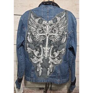 OOAK Upcycled Denim Jacket Rockabilly Rhinestones Appliques Rock Biker Bar Sz L